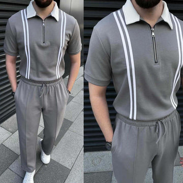 Stripes Zip-Up Collar Style 2-Pcs Set