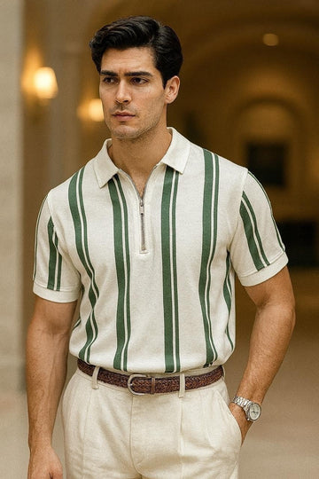 Premium Lining Print Zipper Polo T-Shirt White with green