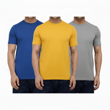 Pack of 3 Men’s Premium Round Neck Tees - Blue, Yellow & Grey Trendydeal