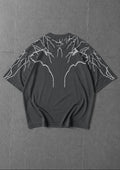 Close-up of lightning print design on soft breathable t-shirt fabric