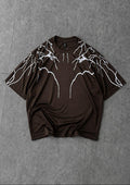 Brown oversized t-shirt featuring modern lightning print for trendy look