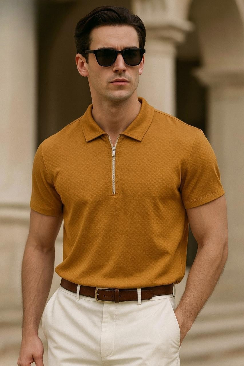 Elite Textured Zipped Polo T-Shirt - Musturd yellow