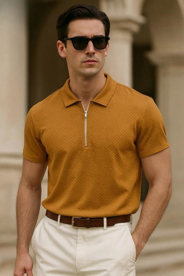 Elite Textured Zipped Polo T-Shirt - Musturd yellow