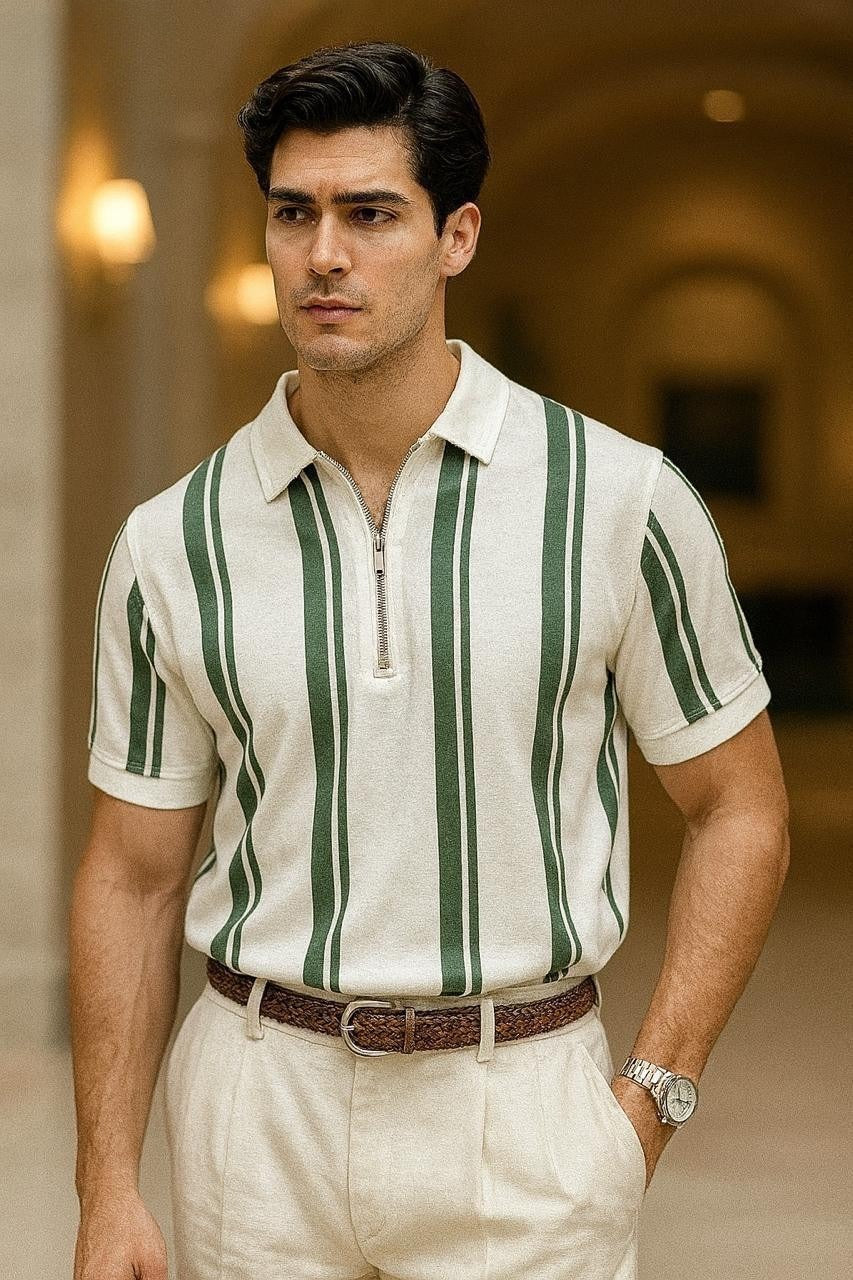 Premium Lining Print Zipper Polo T-Shirt White with green