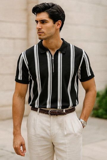 Premium Lining Print Zipper Polo T-Shirt - Black n whiteline