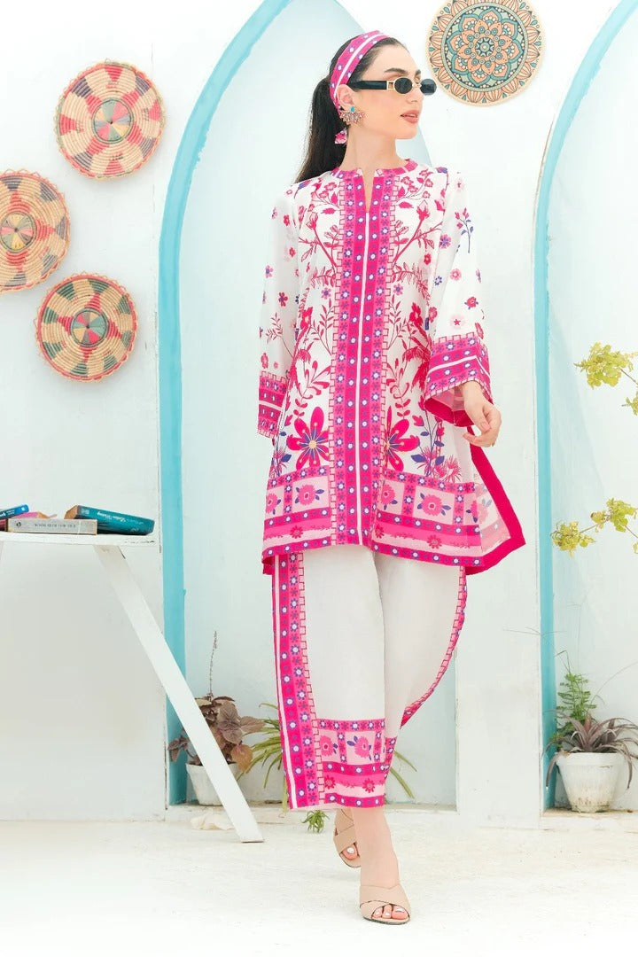 Pink & White floral 2 Piece stitched Suit