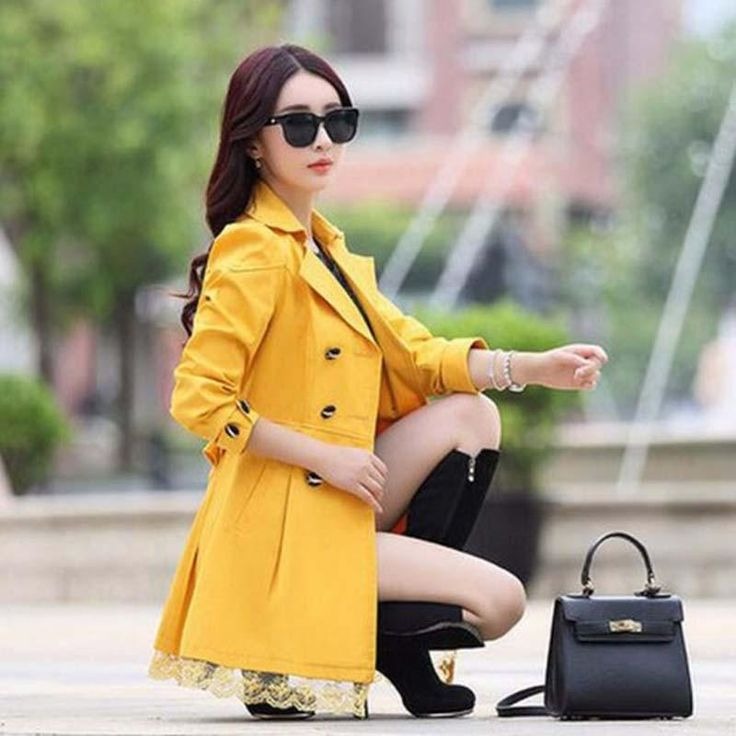 Womens Casual Double Button top Coat - Yellow