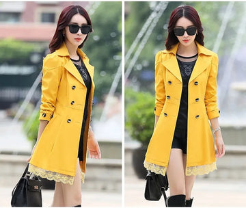 Womens Casual Double Button top Coat - Yellow