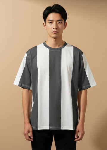 Men’s Grey & White Bold Vertical Striped Oversized Crewneck T-Shirt