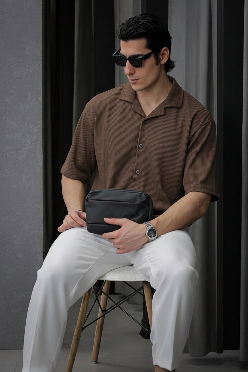 Waffle Knitted Button Down Shirt Drop shoulder