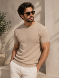 Men wearing beige ribbed knit slim fit t-shirt with modern minimal summer style