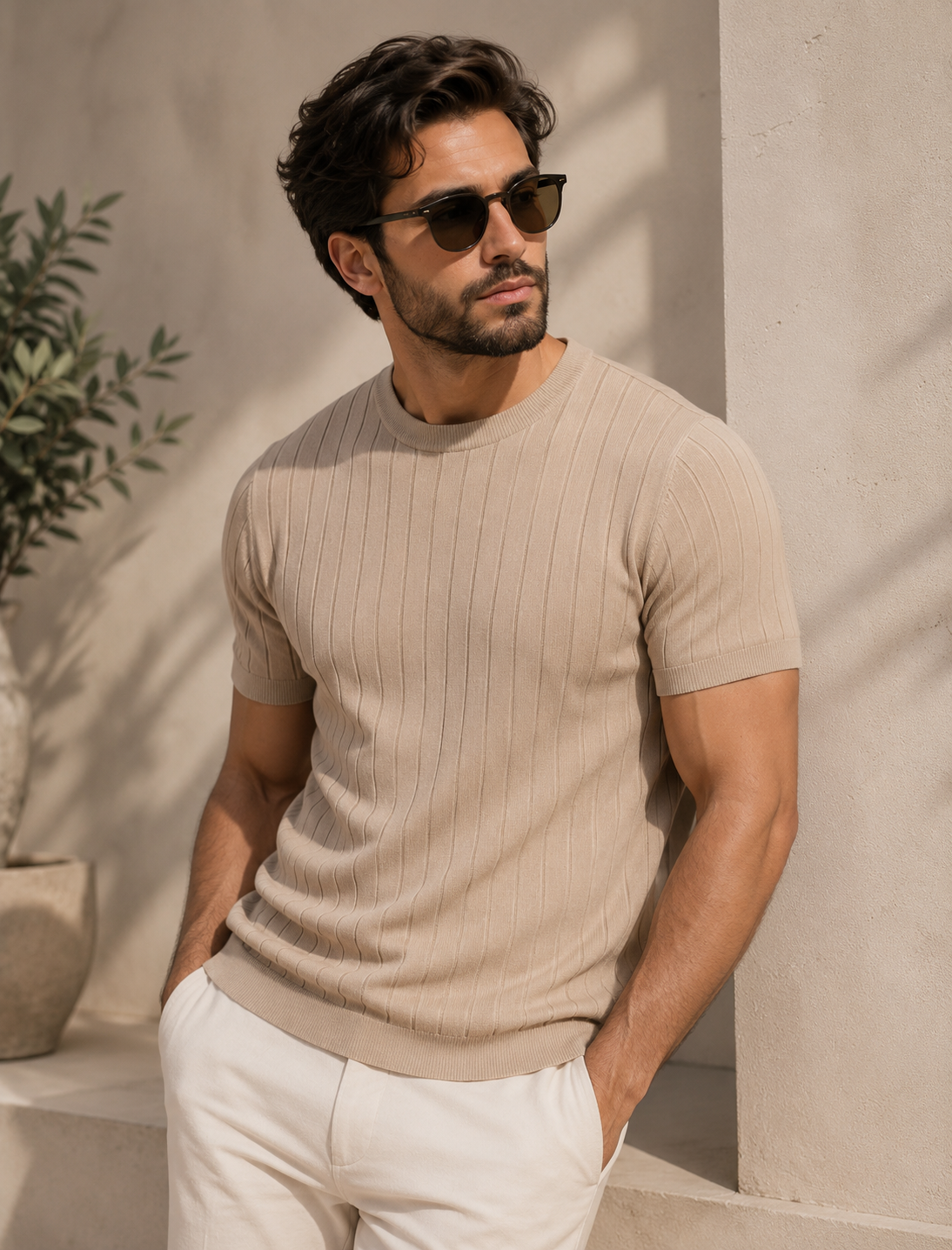 Men wearing beige ribbed knit slim fit t-shirt with modern minimal summer style