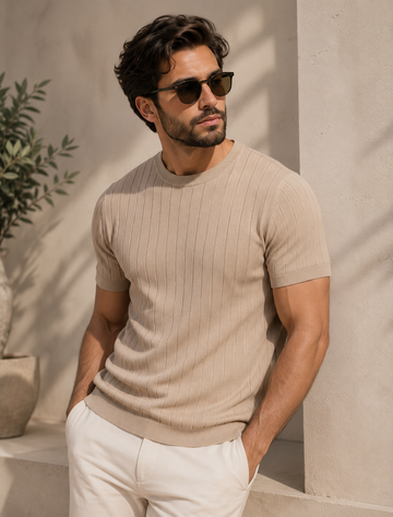 Men wearing beige ribbed knit slim fit t-shirt with modern minimal summer style
