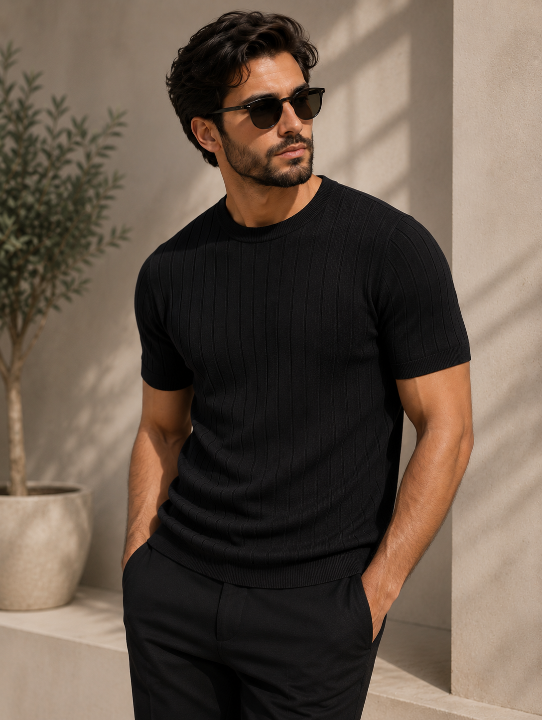Men wearing black ribbed knit slim fit t-shirt in stylish casual look